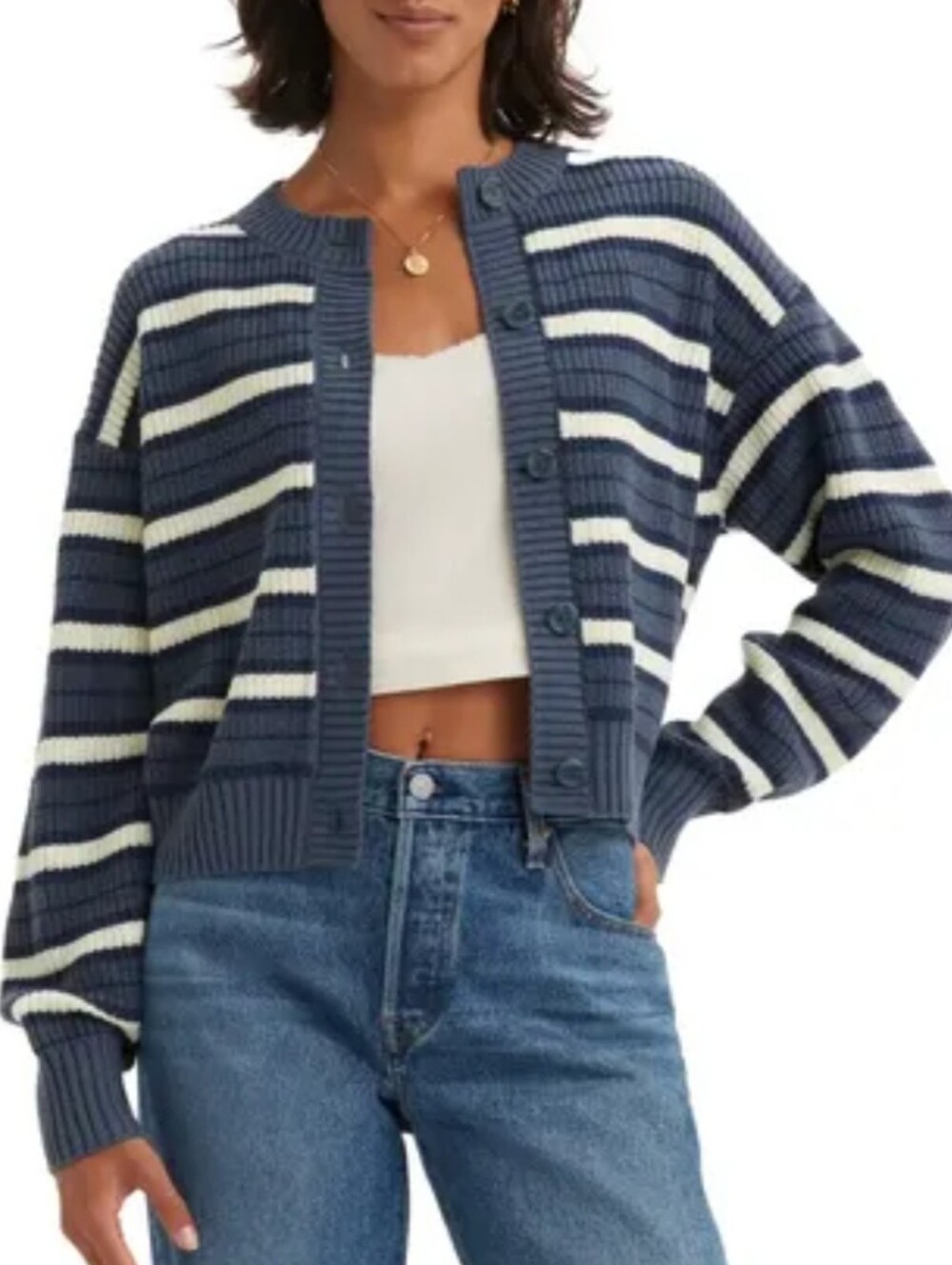 🌟7/25$ Levis Iconic "Cat Cardi" Striped Navy and Cream Button-Front Sweater